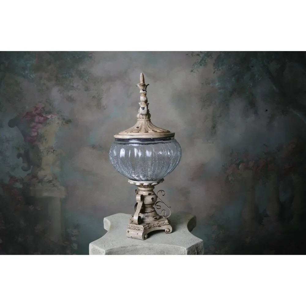 Decorative Crackle Glass Jar With Fleur-de-lis Lid Metal Work Aged - Picture 9 of 9